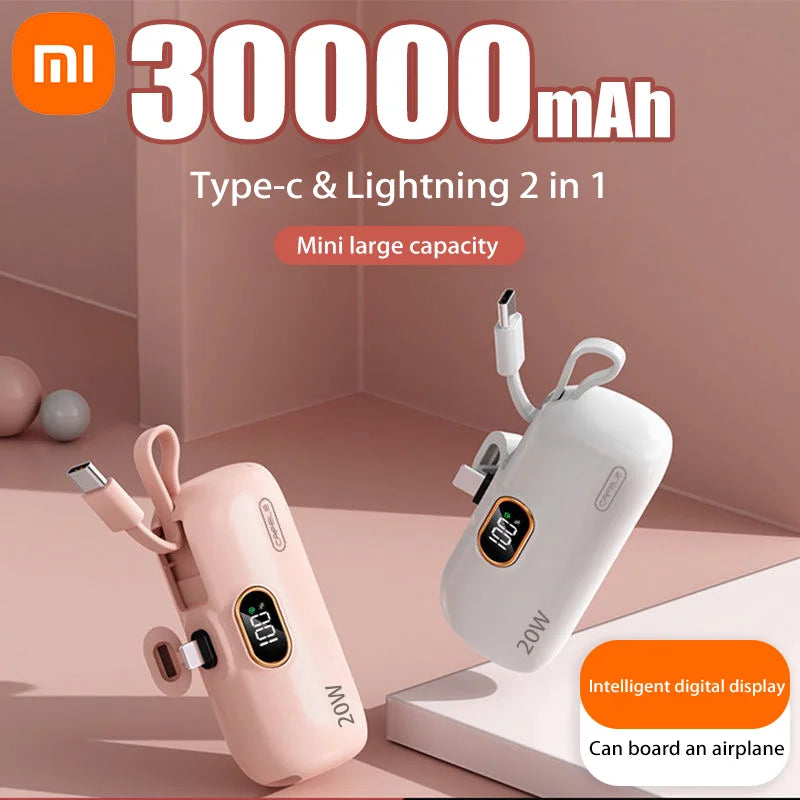 Mini 30000mAh Capsule Power Bank with Built In Cable  (Type-C )